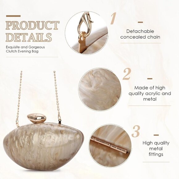 Shell Shape Acrylic Clutch Metallic Marble Evening Evening Bag for Women Glitter - Picture 6 of 6